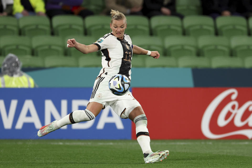 Germany's Alexandra Popp takes a shot during the Women's World Cup Group H soccer match between Germany and Morocco in Melbourne, Australia, Monday, July 24, 2023. (AP Photo/Victoria Adkins)