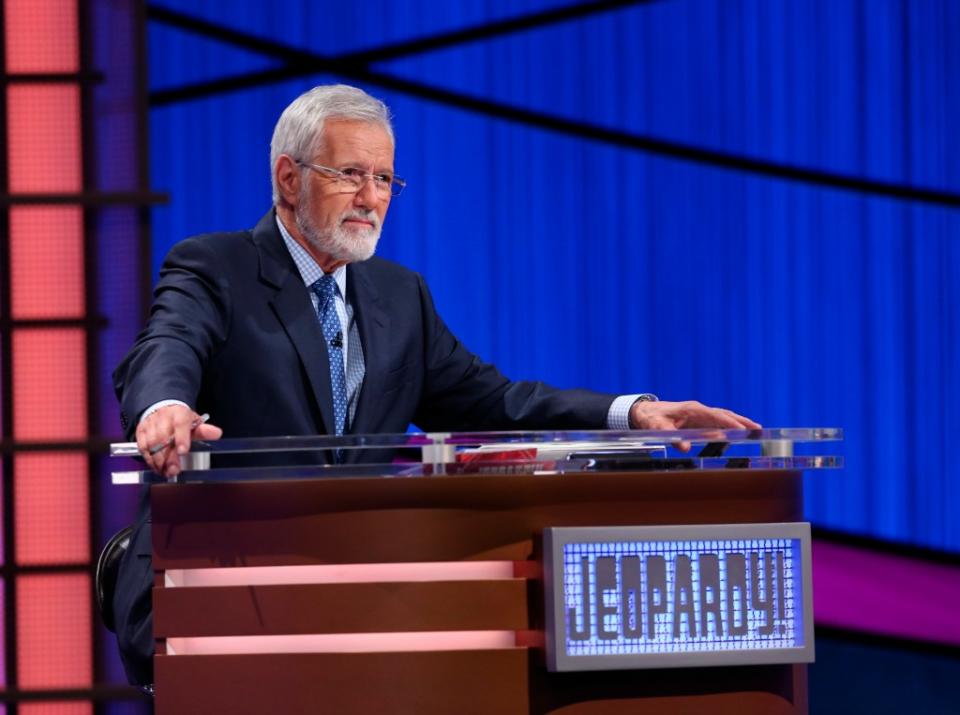 A bearded Alex Trebek hosting “Jeopardy!” in July 2018. He passed away in November 2020 at the age of 80. AP