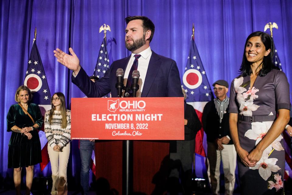 Republican U.S. Senate candidate JD Vance speaks to supporters with wife Usha Vance and family at an election watch party at the Renaissance Hotel on Nov. 8, 2022 in Columbus, Ohio. Vance defeated Rep. Tim Ryan (D-OH) in the race to replace retiring Republican Sen. Rob Portman (R-OH).