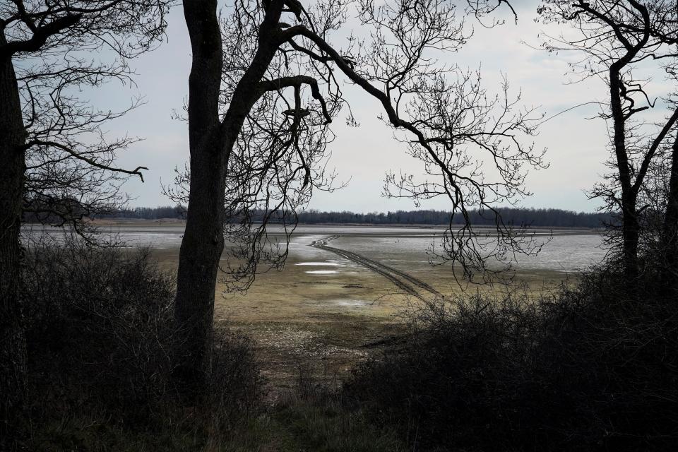 Pools are seen in a dry pond near Villars-les-Dombes, in the Lyon's countryside, central France, on Tuesday, Feb. 28, 2023.