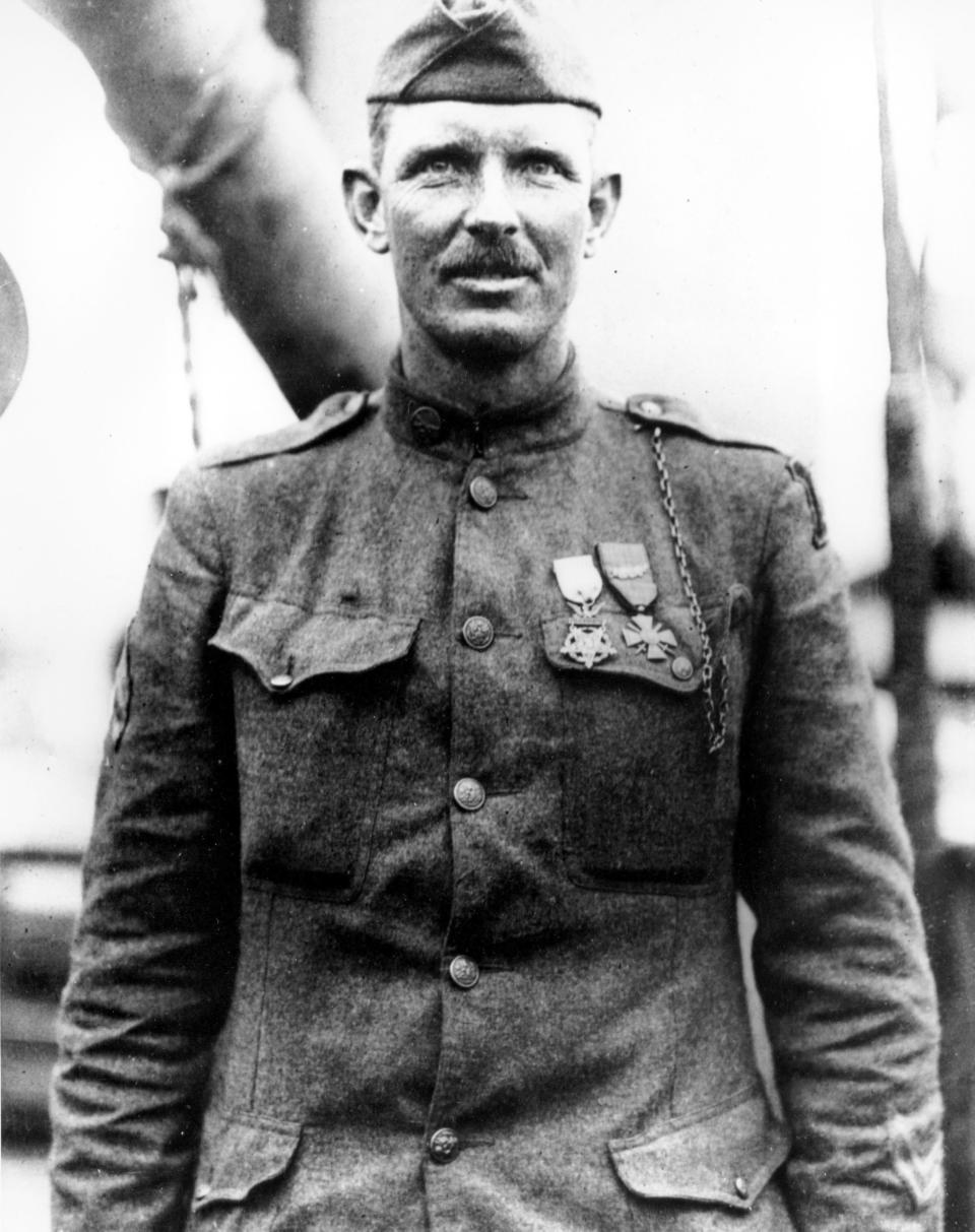 FILE—This is a 1919 file photo of Sgt. Alvin York of the U.S. Army in an unknown location. The claim in Pennsylvania state Sen. Doug Mastriano's 2014 book about York, that a 1918 U.S. Army Signal Corps photo was mislabeled and actually shows York with three German officers he captured, has been disputed by rival researchers. (AP Photo/Department of U.S. Army)