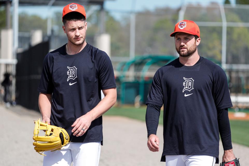 Detroit Tigers pitcher Matt Manning and pitcher Casey Mize practice during spring training at Tigertown in Lakeland, Fla. on Wednesday, Feb. 14, 2024.