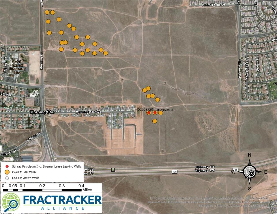 Two long-idle oil wells (in red) leaked potentially dangerous methane near Bakersfield, CA homes this month.