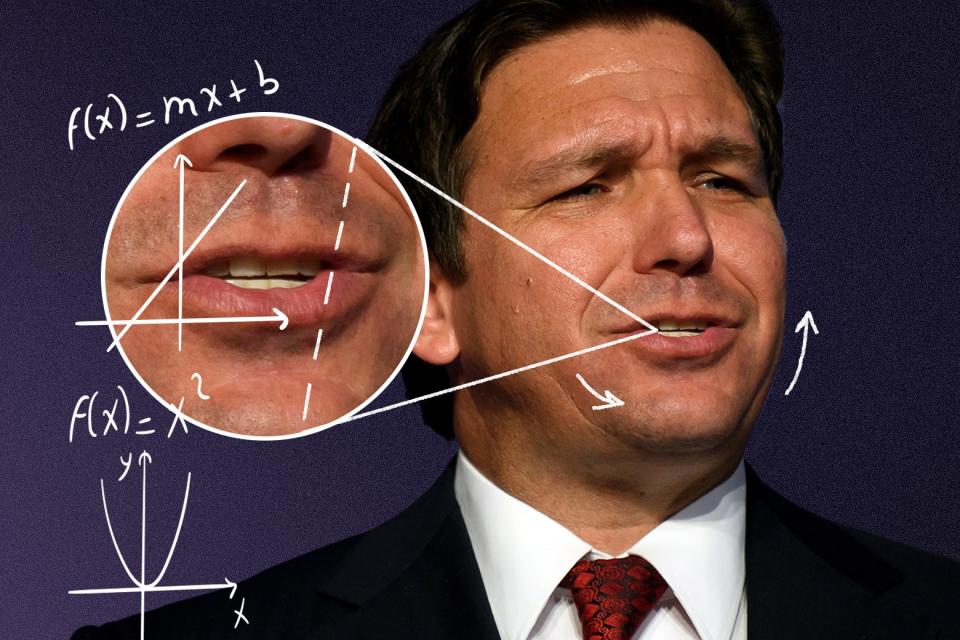 Florida Gov. Ron DeSantis and a close up of his smile. 