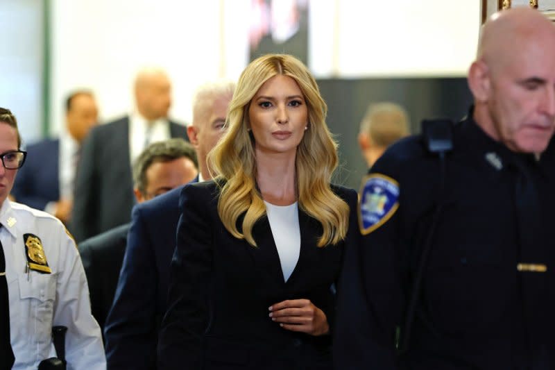 Ivanka Trump exits the courtroom during a lunch break in Donald Trump's civil fraud trial at State Supreme Court on Wednesday in New York City. Photo by Peter Foley/UPI