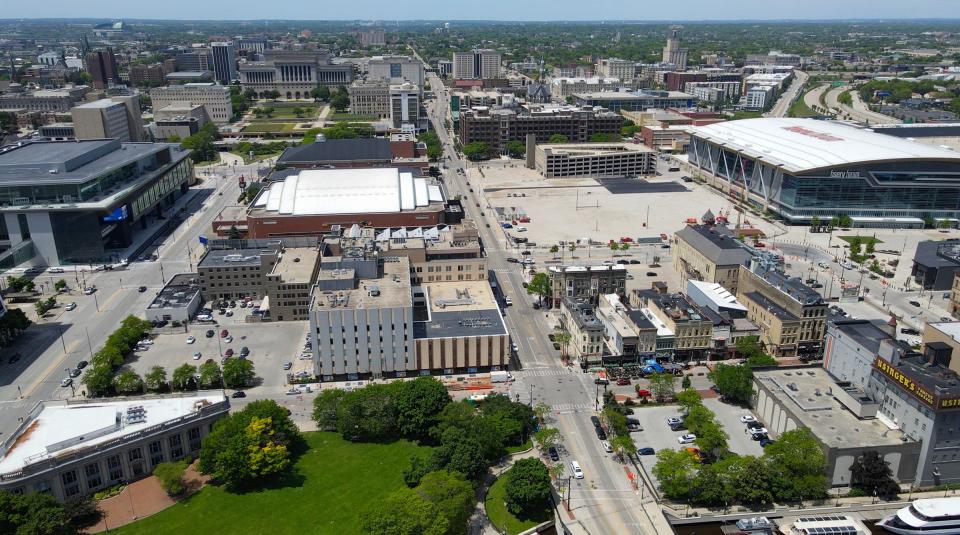 The RNC convention will take place at Fiserv Forum (upper right), the UW-Milwaukee Panther Arena (upper center - white roof) and the Baird Center (upper left) just west of Pere Marquette Park, seen here in Milwaukee on Friday, May 31, 2024.