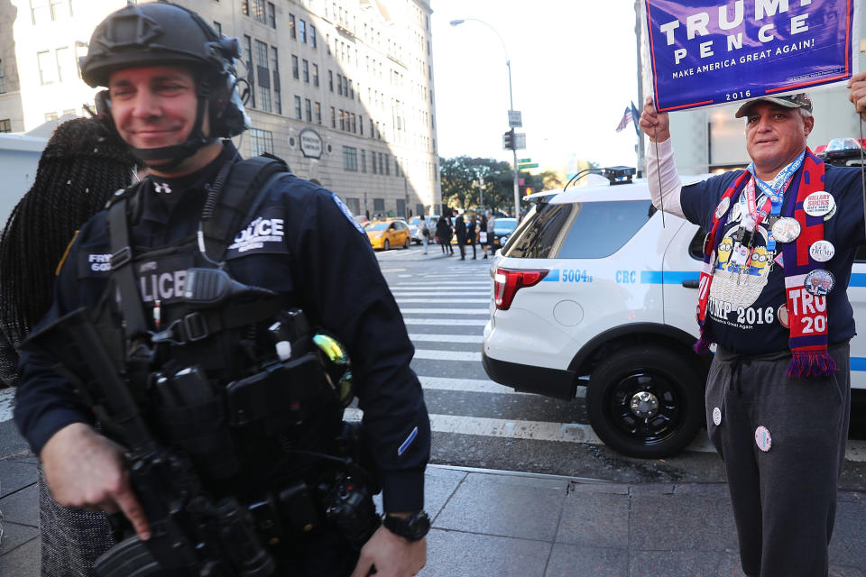 Counterterrorism police patrol near Trump Tower on Election Day in New York, on Nov. 8.&nbsp;