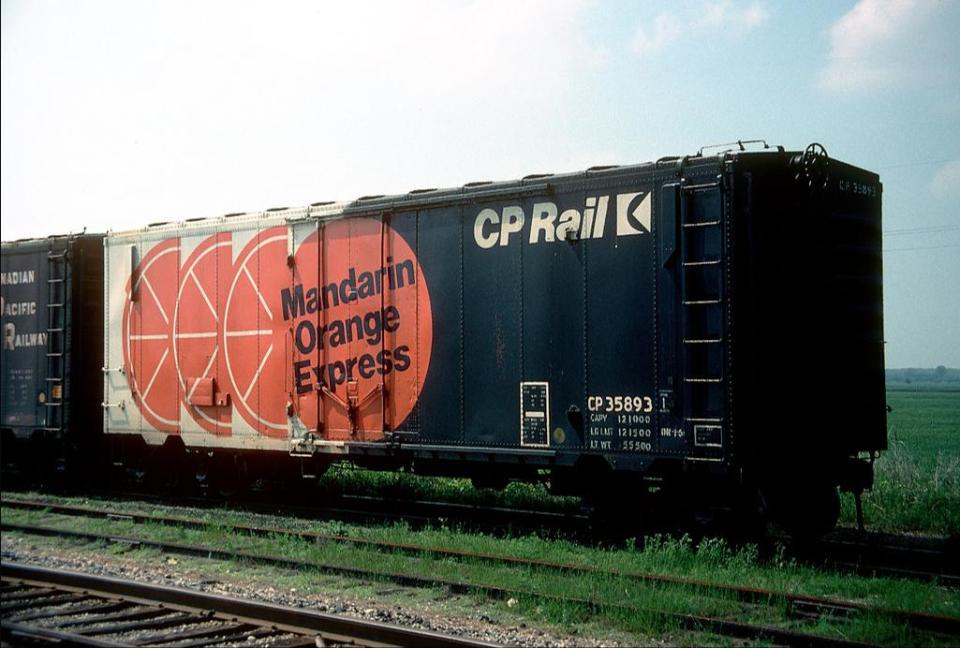 A CP Mandarin Express boxcar in Tilbury, Ont. in 1979.