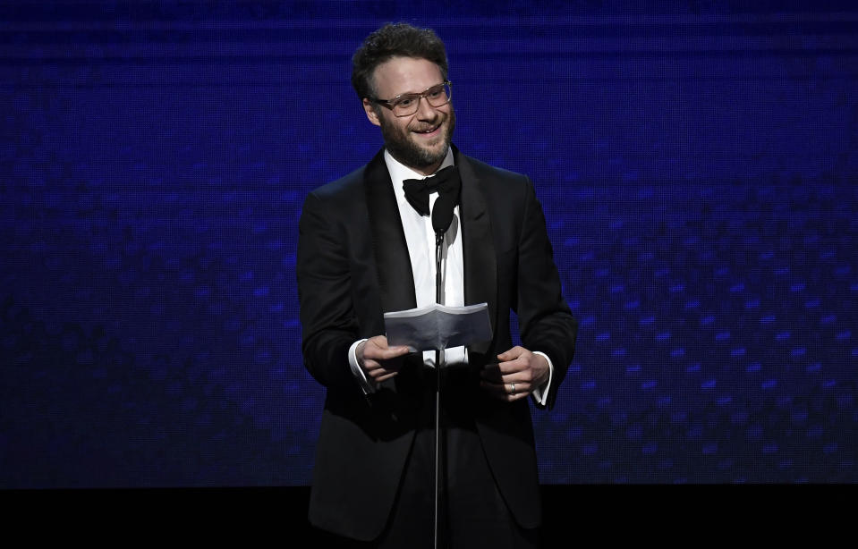 BEVERLY HILLS, CALIFORNIA - NOVEMBER 08: Seth Rogen speaks onstage during the 33rd American Cinematheque Award Presentation Honoring Charlize Theron at The Beverly Hilton Hotel on November 08, 2019 in Beverly Hills, California. (Photo by Frazer Harrison/Getty Images)