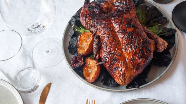 Crispy roast duck with pears