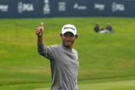 Collin Morikawa celebrates after winning the PGA Championship golf tournament at TPC Harding Park Sunday, Aug. 9, 2020, in San Francisco. (AP Photo/Jeff Chiu)