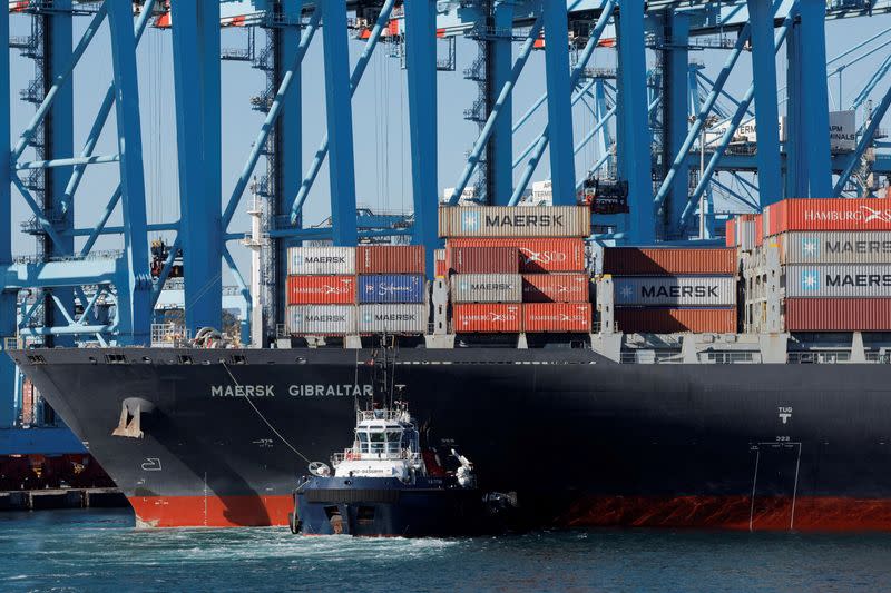 FILE PHOTO: Containers are seen on the Maersk's container ship Maersk Gibraltar at the APM Terminals in the port of Algeciras