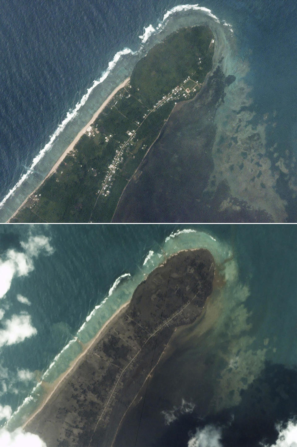 This satellite image provided by Planet Labs PBC, shows an overview of Kanokupolu in Tongatapu, Tonga on January 14, 2022, top, and on January 16, 2022, after the January 15 eruption of the Hunga-Tonga-Hunga-Ha'apai volcano. / Credit: Planet Labs PBC via AP