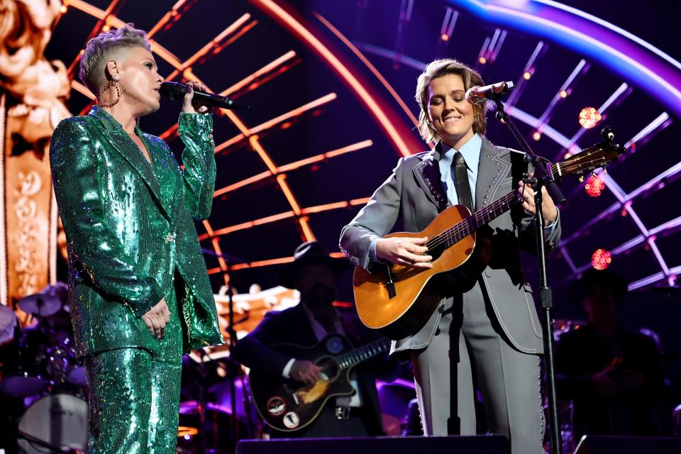 Pink and Brandi Carlile perform during the 37th Annual Rock & Roll Hall of Fame Induction Ceremony at Microsoft Theater on Nov. 5, 2022, in Los Angeles.