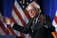 FILE - In this July 17, 2019 file photo, Democratic presidential candidate, Sen. Bernie Sanders, I-Vt., speaks about his "Medicare for All" proposal at George Washington University in Washington. Sanders had a heart attack, his campaign confirmed Friday, Oct. 4, as the Vermont senator was released from a Nevada hospital. Sanders' campaign released a statement from the 78-year-old's Las Vegas doctors that said the senator was stable when he arrived Tuesday at Desert Springs Hospital Medical Center. (AP Photo/Patrick Semansky)