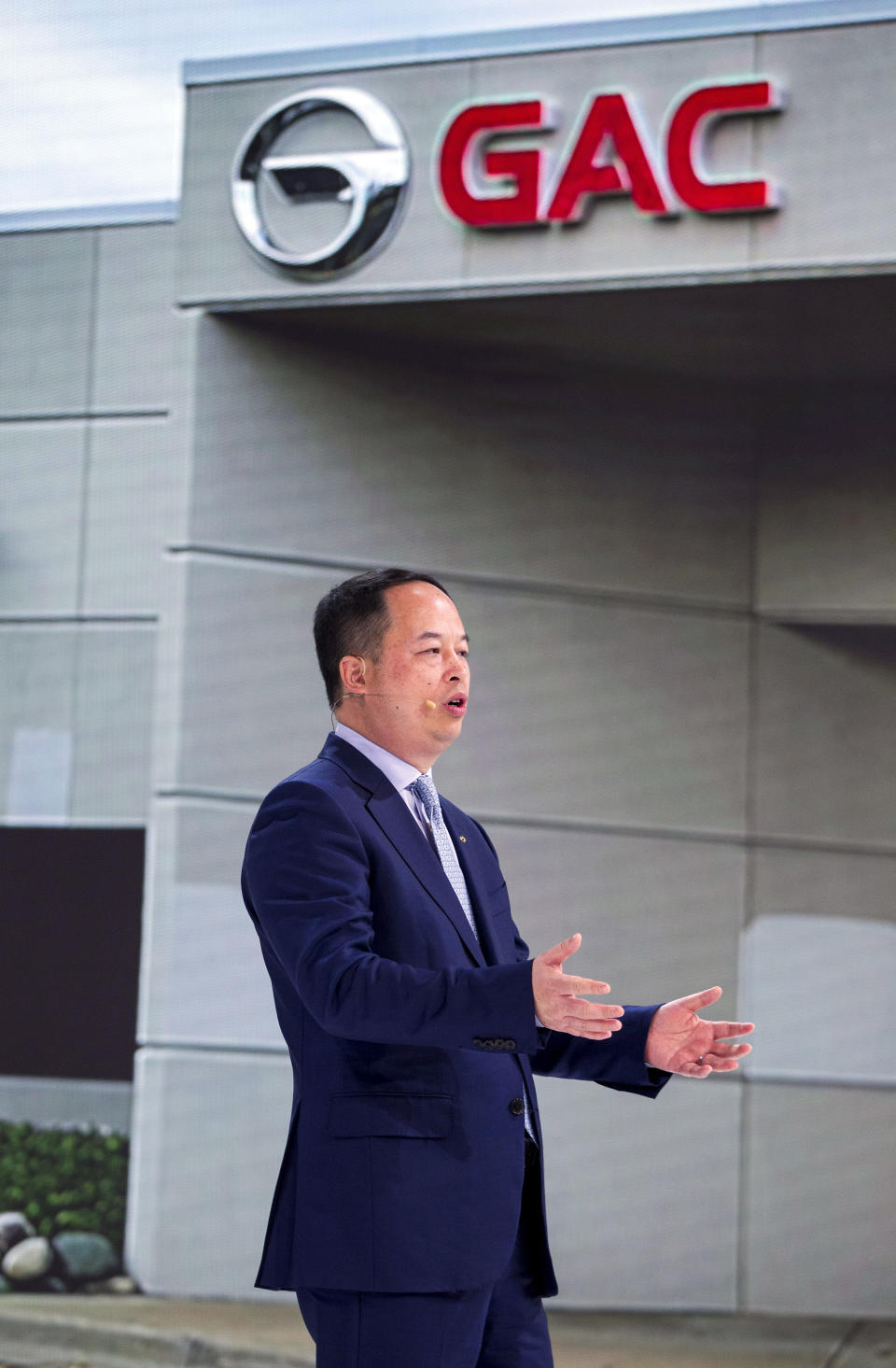 GAC President Yu Jun speaks at the North American International Auto Show, Monday, Jan. 14, 2019, in Detroit, Mich. (AP Photo/Tony Ding)