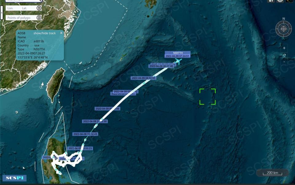 被指為平流層飛艇的AD015B於4月2日-4月9日航跡。   圖：翻攝@SCS_PI推特