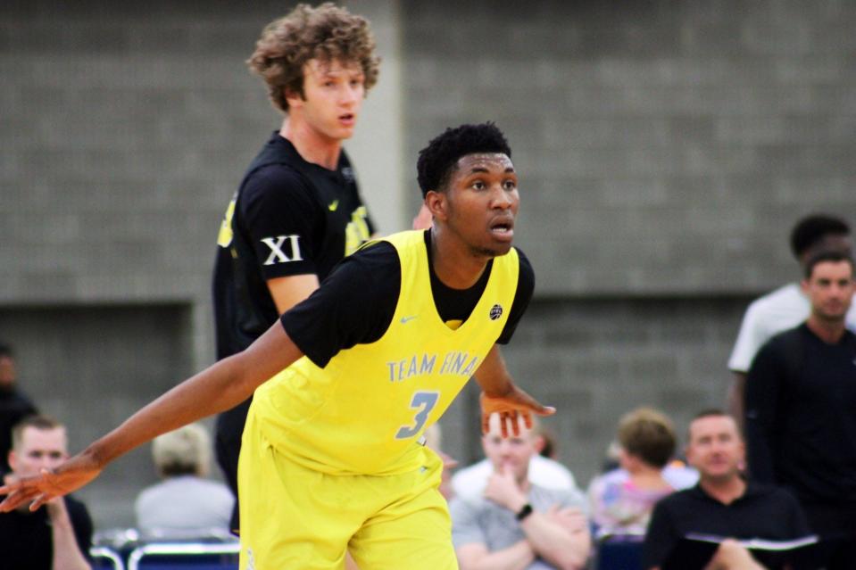 Justin Edwards of Team Final defends during an AAU basketball game on Saturday, May 28, 2022, at the Kentucky Exposition Center in Louisville, Ky. Edwards is one of the top prospects in the 2023 class and has a scholarship offer from Kentucky.