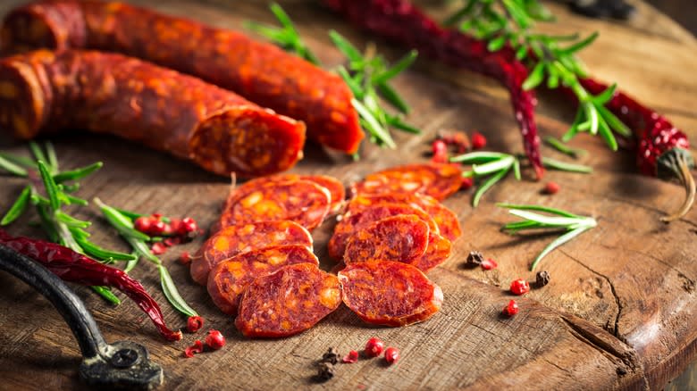 Spanish chorizo on cutting board