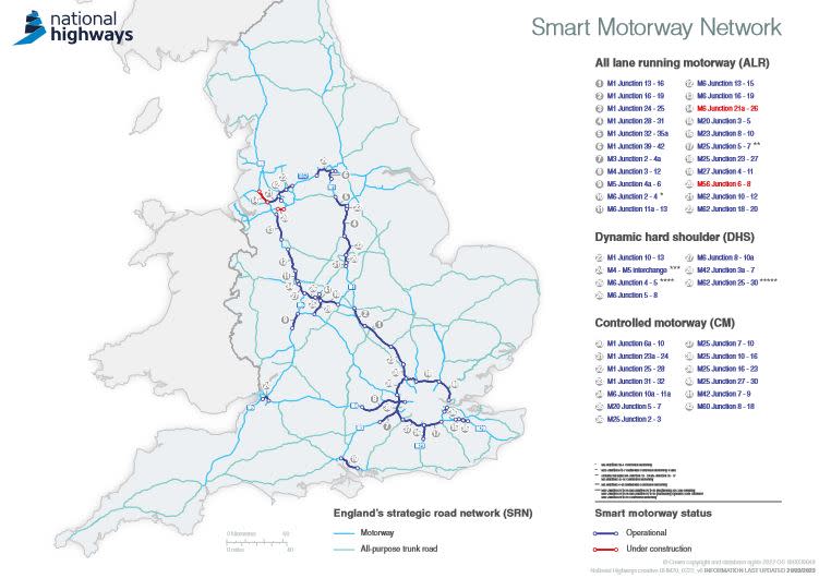 Smart motorway map of England (National Highways)