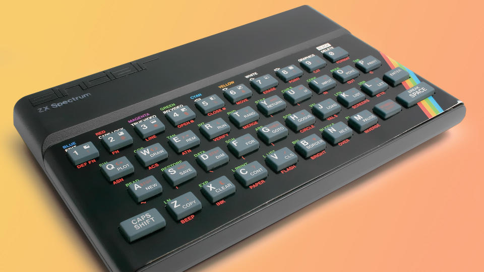 The ZX Spectrum with a colorful background.