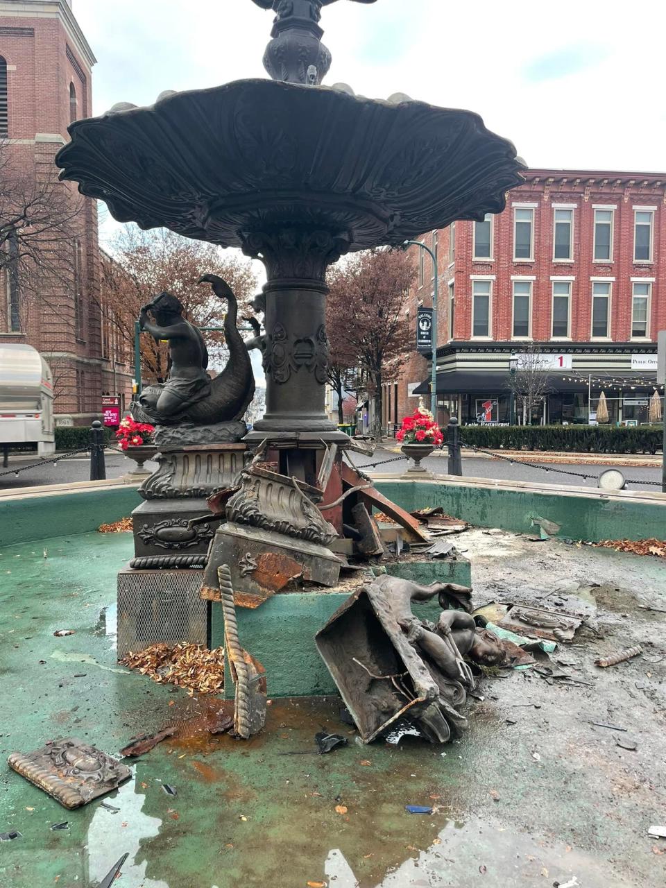 An SUV struck Chambersburg's Memorial Fountain, causing significant damage, early on Dec. 2, 2021.