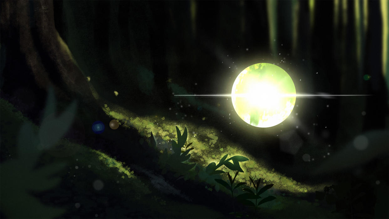  An illustration of a glowing breen orb (a photon) falling toward the leafy forest floor to start photosynthesis 