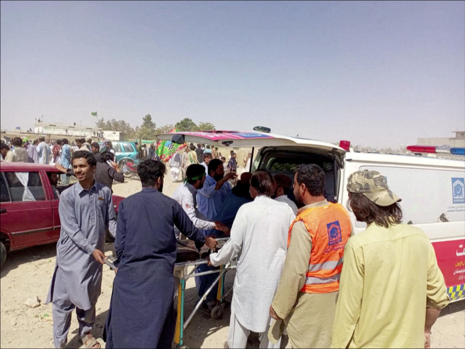 A view of a victim on a stretcher being transferred to an ambulance, following a suicide blast, in Balochistan Province, Pakistan in this screen grab obtained from a video released on September 29, 2023. Video obtained by REUTERS  THIS IMAGE HAS BEEN SUPPLIED BY A THIRD PARTY