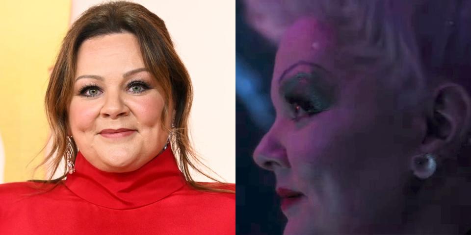 On the left: Melissa McCarthy at the 2023 Oscars. On the right: McCarthy as Ursula in "The Little Mermaid."