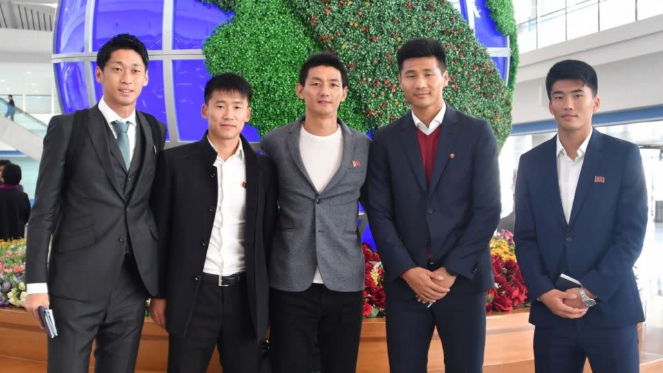 An Yong Hak (in the middle) and Han Kwang Song (far right) in Pyongyang in 2019 with other North Korean soccer players. - An Yong Hak