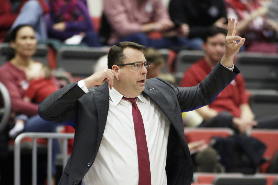 Stanford head coach Jerod Haase signals his players during the second half of an NCAA college basketball game against Washington State in Pullman, Wash., Sunday, Feb. 23, 2020. Stanford won 75-57. (AP Photo/Young Kwak)