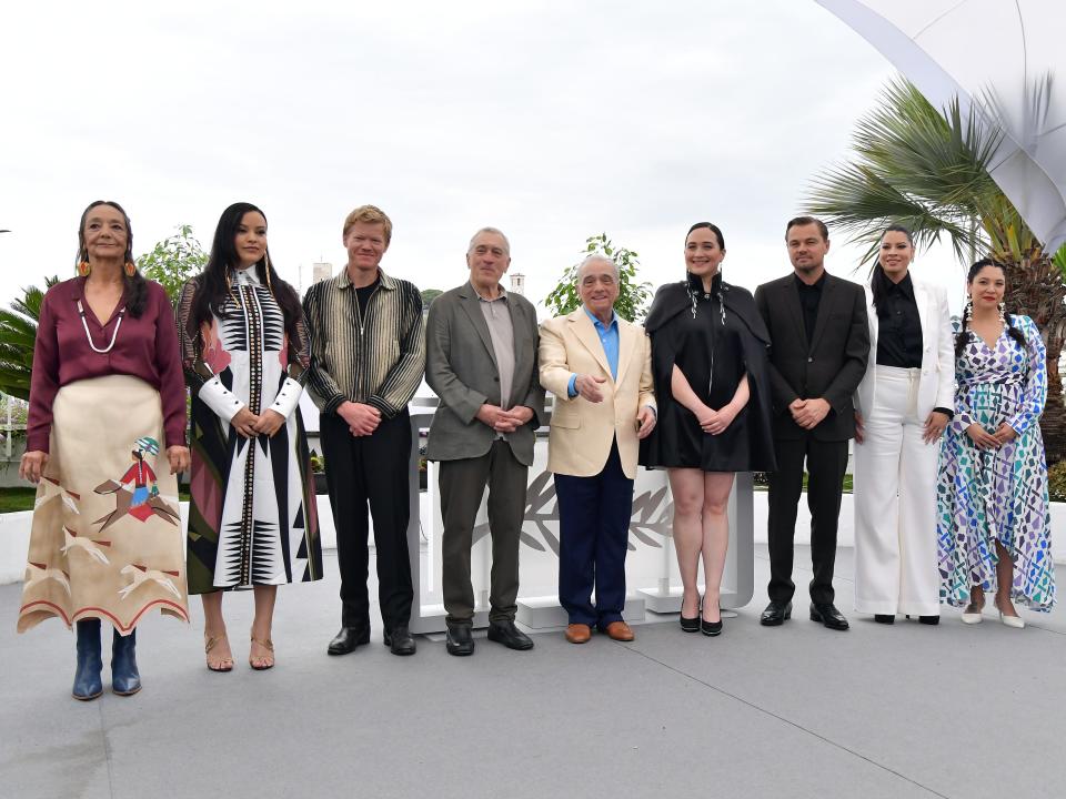 Tantoo Cardinal, Janae Collins, Jesse Plemons, Robert De Niro, Director Martin Scorsese, Lily Gladstone, Leonardo DiCaprio, Cara Jade Myers and Jillian Dion attend the "Killers Of The Flower Moon" photocall at the 76th annual Cannes film festival at Palais des Festivals on May 21, 2023 in Cannes, France.
