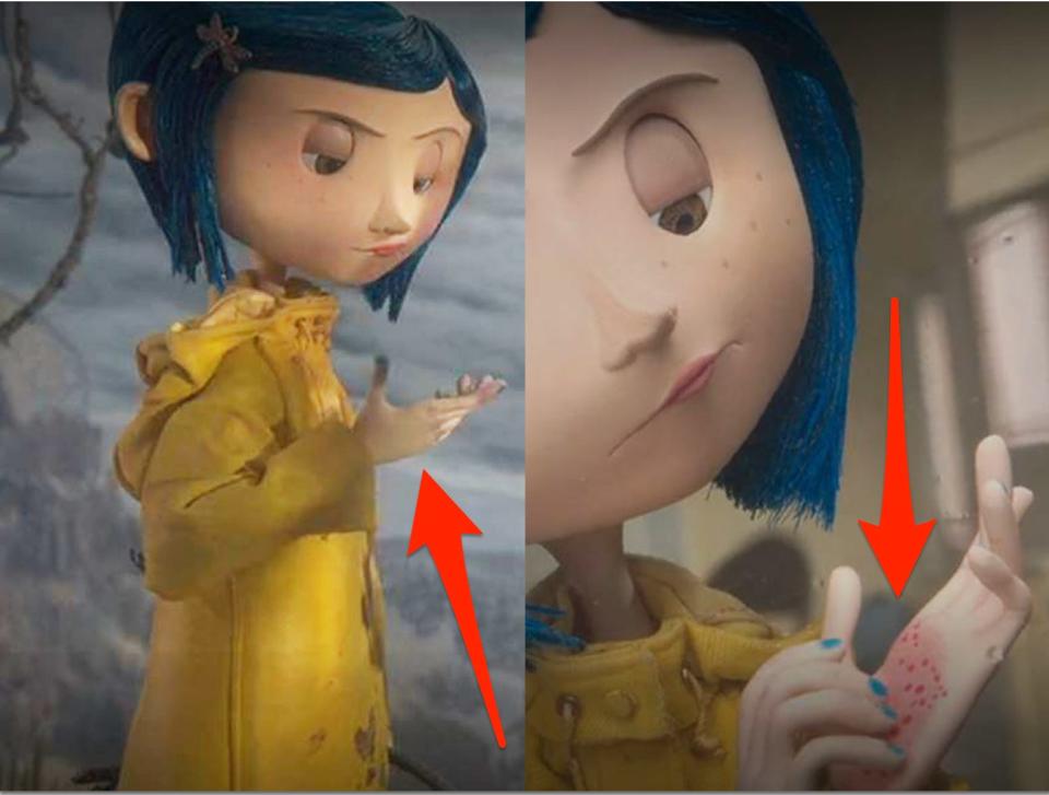Arrows pointing at a rash on Coraline's hand in "Coraline" (2009).