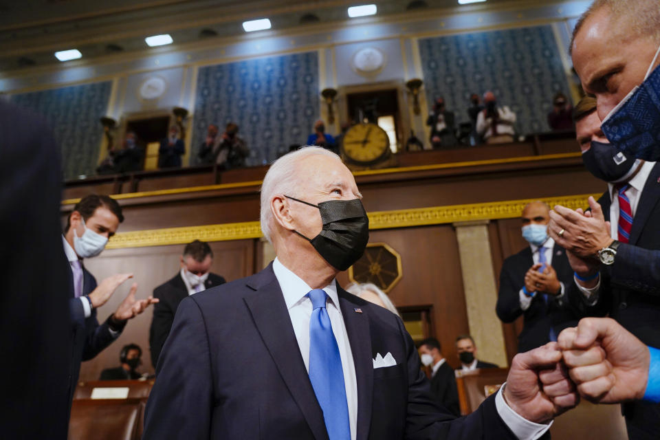 President Joe Biden arrives to speak to a joint session of Congress, Wednesday, April 28, 2021, in the House Chamber at the U.S. Capitol in Washington. (Melina Mara/The Washington Post via AP, Pool)