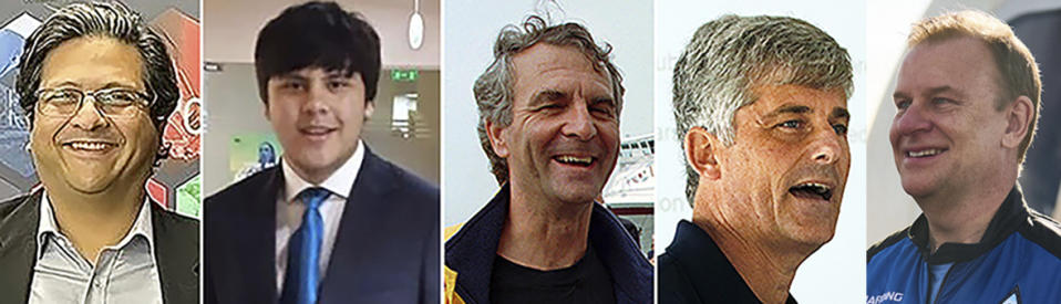 泰坦號５名乘客：（左起）48歲巴基斯坦富商達武德（Shahzada Dawood）、19歲大學生蘇里曼．達武德（Suleman Dawood）、77歲法國潛水專家納若萊（Paul-Henri Nargeolet）、61歲海洋之門探險執行長拉許（Stockton Rush）、58歲英國航空大亨哈定（Hamish Harding）。(圖／美聯社)