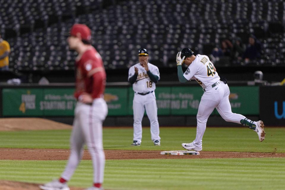 May 16, 2023; Oakland, California, USA; Oakland Athletics first baseman Ryan Noda (49) runs the bases after hitting a grand slam during the seventh inning against the Arizona Diamondbacks at Oakland-Alameda County Coliseum. Mandatory Credit: Stan Szeto-USA TODAY Sports