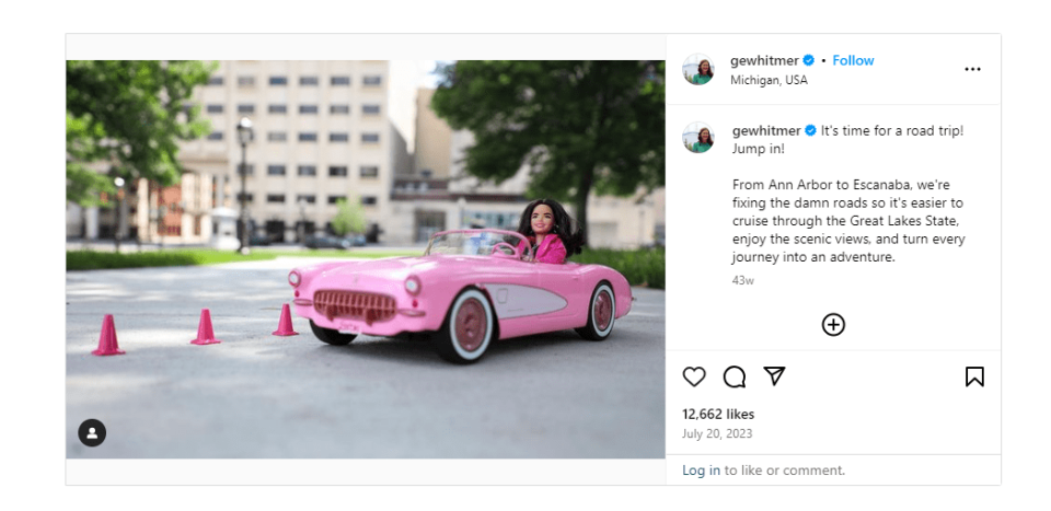 ‘Governor Barbie,’ posing in Lansing, on Instagram in the summer of 2023 (Photo/Gov. Gretchen Whitmer)