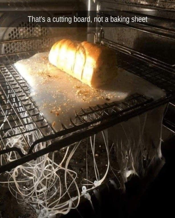 melted baking sheet inside an oven