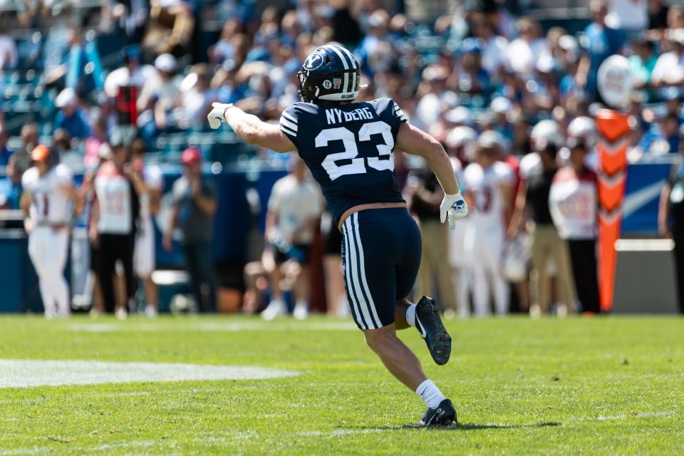 Brigham Young Cougars wide receiver Hobbs Nyberg (23) celebrates a block on the Southern Utah Thunderbirds punt at LaVell Edwards Stadium in Provo on Saturday, Sept. 9, 2023. | Megan Nielsen, Deseret News