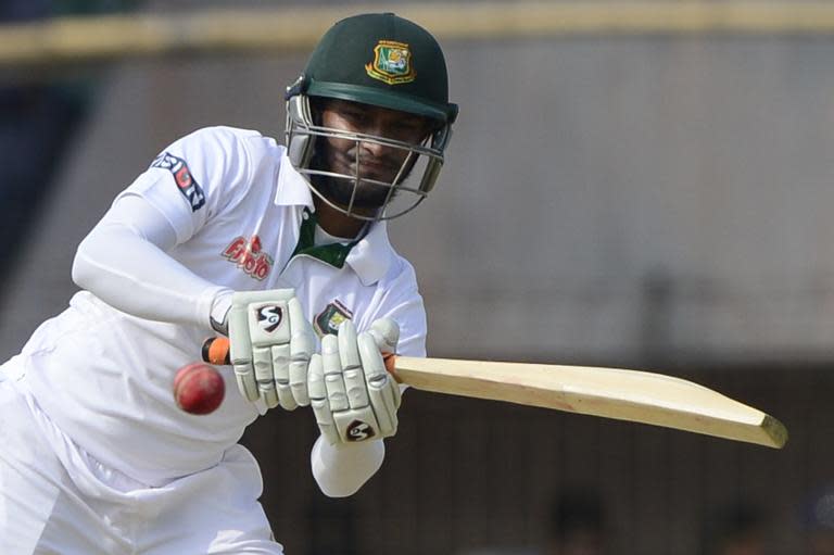 Bangladesh's Shakib Al Hasan plays a shot during the fifth day of the first cricket Test match against Pakistan at The Sheikh Abu Naser Stadium in Khulna on May 2, 2015