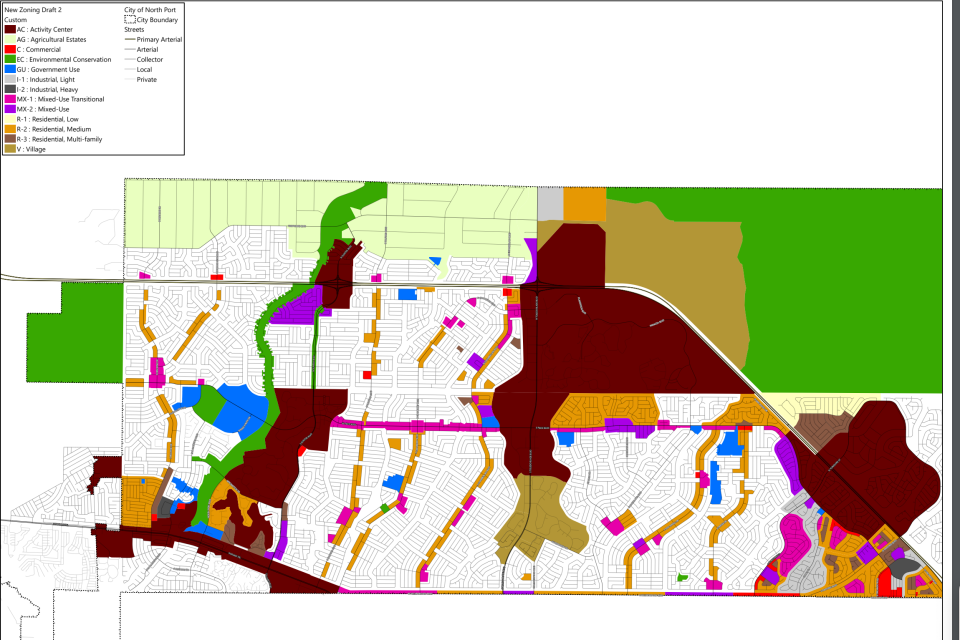 A draft of North Port's proposed new zoning map, which the City Commission will vote on as part of an overhaul of the Unified Land Development Code.