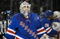 New York Rangers goaltender Igor Shesterkin (31) skates off after making a save in the first period of an NHL hockey game against the St. Louis Blues, Monday, Dec. 5, 2022, in New York. (AP Photo/John Minchillo)
