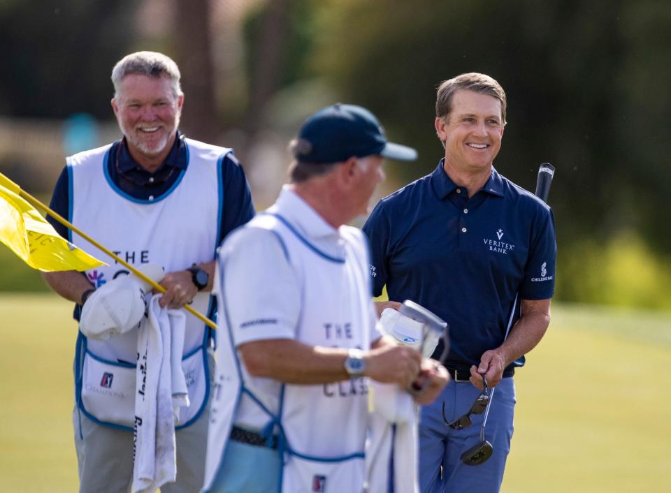 David Toms smiles after winning the final round of the Galleri Classic in Rancho Mirage, Calif., Sunday, March 26, 2023. 