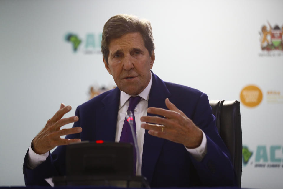 U.S. government’s climate envoy, John Kerry, speaks during a press availability at the Africa Climate Summit in Nairobi, Kenya Tuesday, Sept. 5, 2023. John Kerry acknowledged the "acute, unfair debt." He also said 17 of the world's 20 countries most impacted by climate change are in Africa, while the world's 20 richest nations, including his own, produce 80% of the world's carbon emissions that are driving climate change. (AP Photo/Brian Inganga)