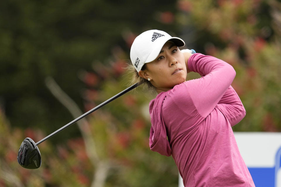 Danielle Kang, tees off on the first hole at Lake Merced Golf Club during the final round of the LPGA Mediheal Championship golf tournament Sunday, June 13, 2021, in Daly City, Calif. (AP Photo/Tony Avelar)