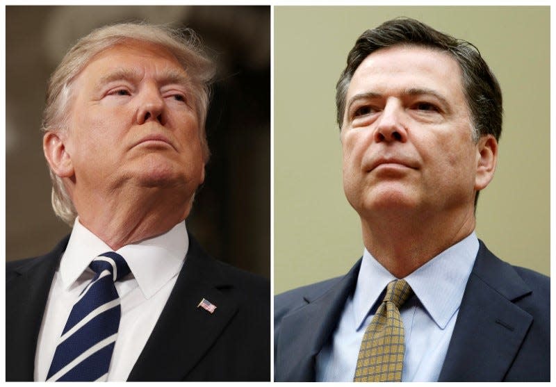 FILE PHOTO: A combination photo shows U.S. President Donald Trump (L) in the House of Representatives in Washington, U.S., on February 28, 2017 and FBI Director James Comey in Washington U.S. on July 7, 2016.   REUTERS/Jim Lo Scalzo/Pool, Gary Cameron/File Photo