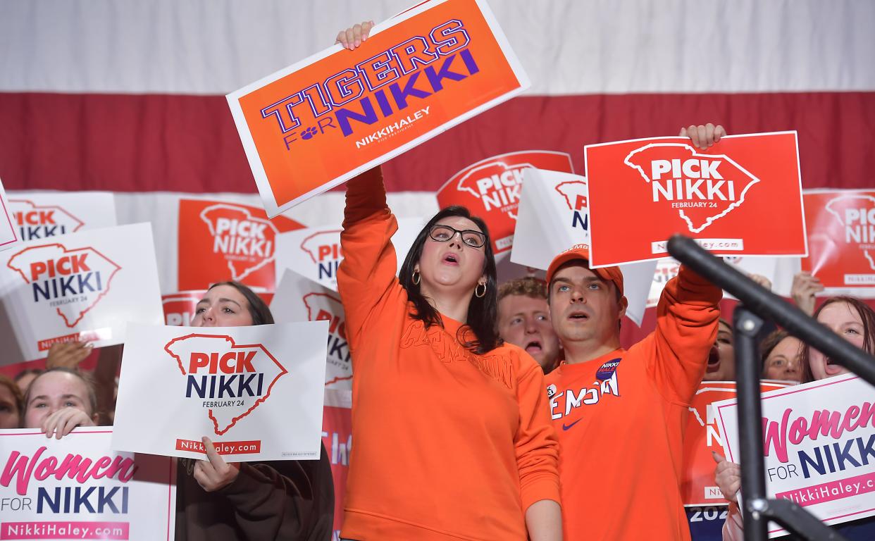 Nikki Haley, GOP presidential candidate, campaigns at Mauldin High School in Mauldin, S.C., on Jan. 27, 2024. A group of supports on the stage greet Haley.