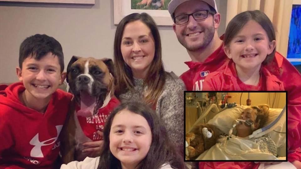 Amy Cavaliere with her family, with an inset photo of her in a hospital bed.