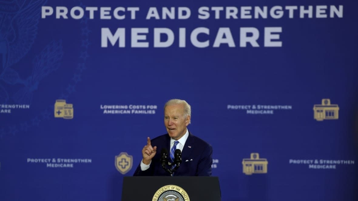 President Joe Biden talks about Social Security and Medicare during a Feb. 9 event in Tampa, Florida. A government default could affect the programs. (Photo: Joe Raedle/Getty Images)