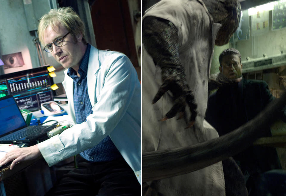 <b>Dr. Curt Connors/ The Lizard</b><br> Played by Rhys Ifans (when in human form), The Lizard in "Amazing Spider-Man" is human, too, sort of: "There was a guy named Big John who is literally a big guy named John. He did a lot of the interactive stuff...Then we would replace him with the computer generated Lizard. Then the performance capture was done with Rhys Ifans...We would shoot Rhys in a similar environment and get his facial components to incorporate his performance into the lizard himself," director Marc Web <a href="http://www.eonline.com/news/amazing_spider-man_scoop_five_things_we/313687#ixzz1ubmSEo00" rel="nofollow noopener" target="_blank" data-ylk="slk:recently explained;elm:context_link;itc:0;sec:content-canvas" class="link ">recently explained</a>.